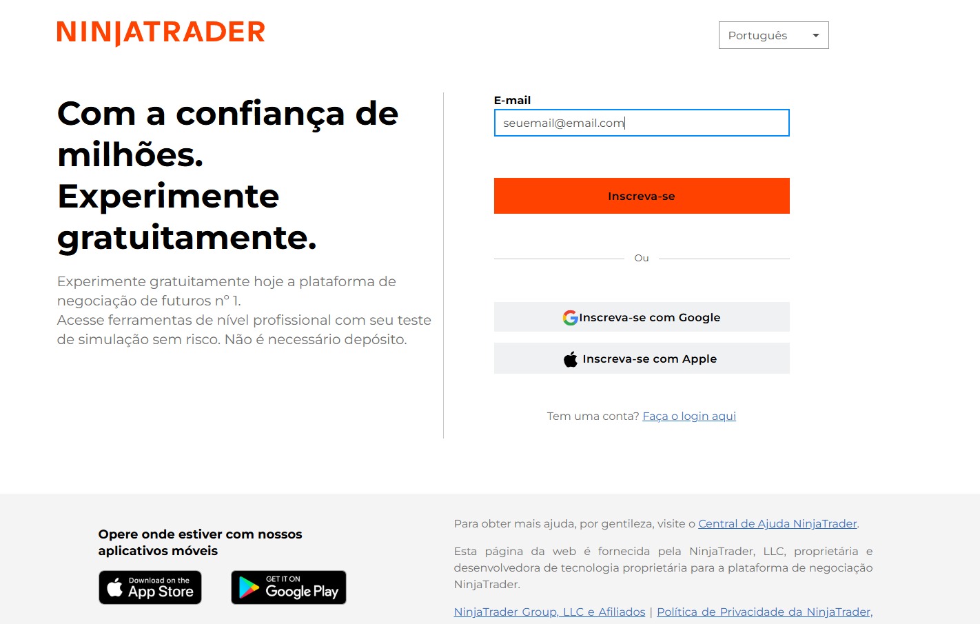 Tela para inserir e-mail